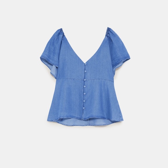 NWT Zara Chambray V Neck Button Down Flowing Top - Picture 4 of 7